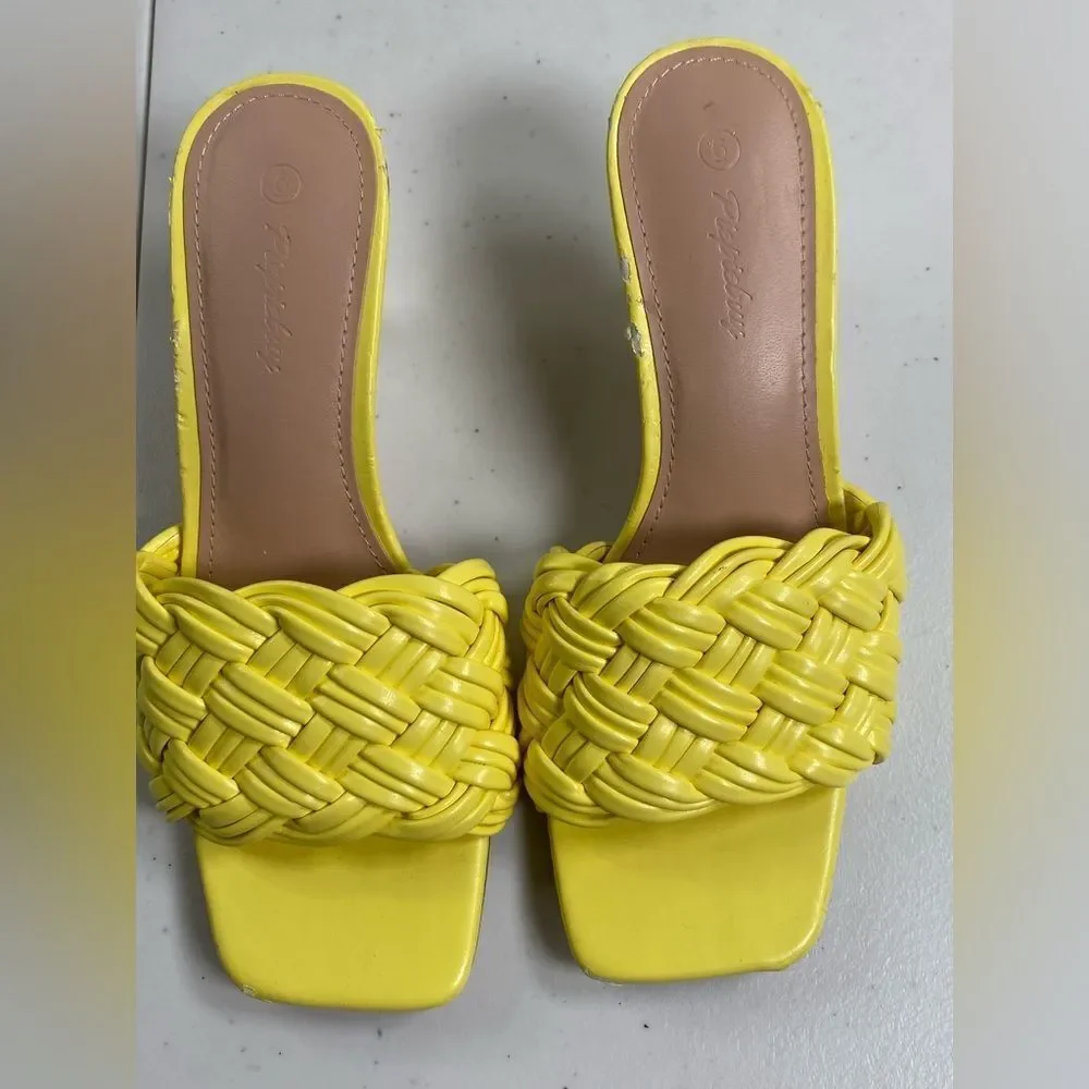GUC Piepiebuy Women’s Yellow Braided Slip-On Sandals 2” Kitten Heel - Size 6